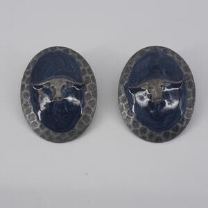 Western Earrings Bull Long Horn Blue Metallic Enamel Hammered Earrings